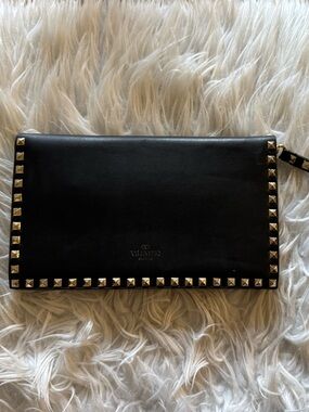 Valentino Garavani Black Leather Rockstud Wristlet with Gold Studs